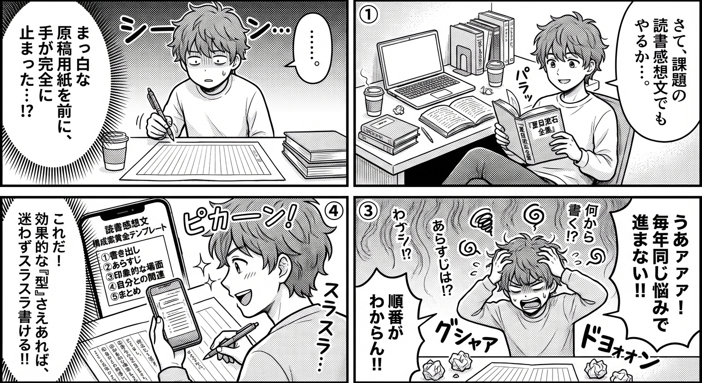読書感想文の構成案テンプレート完全ガイド|書き出しから結論まで5ステップで書ける方法 マンガ解説