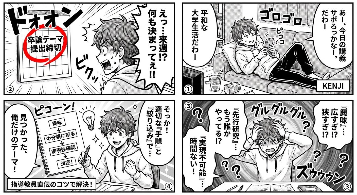 論文テーマが決まらない大学生必見！指導教員が教える5つの決め方と失敗しない選び方のコツ マンガ解説