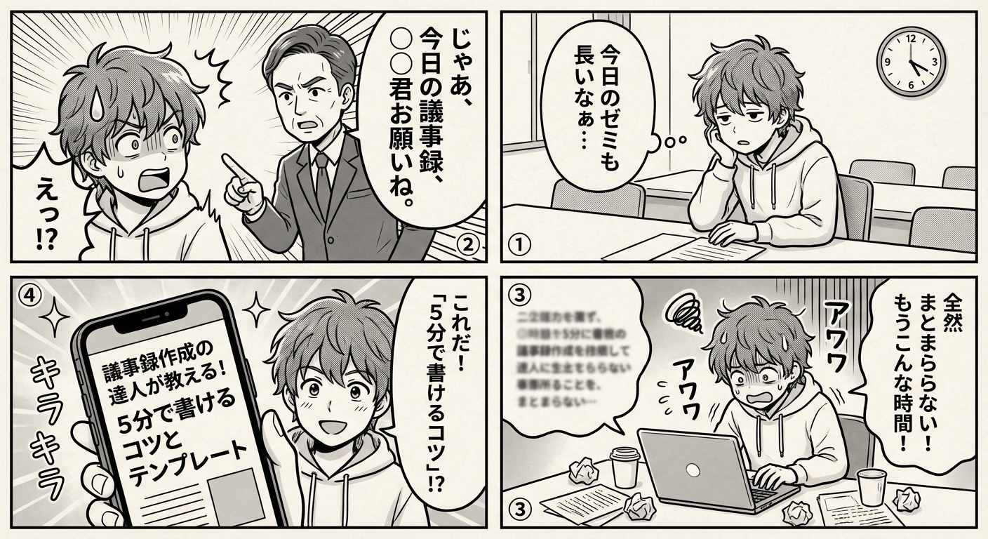 議事録作成の達人が教える！誰でも5分で書ける議事録の書き方10のコツと実践テンプレート マンガ解説