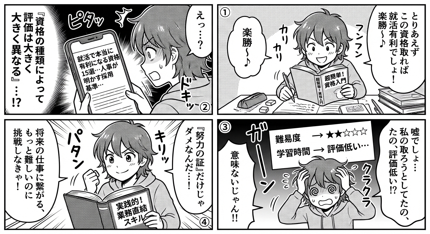就活で本当に有利になる資格15選【2026年版】人事が明かす採用基準と取得優先度ランキング マンガ解説