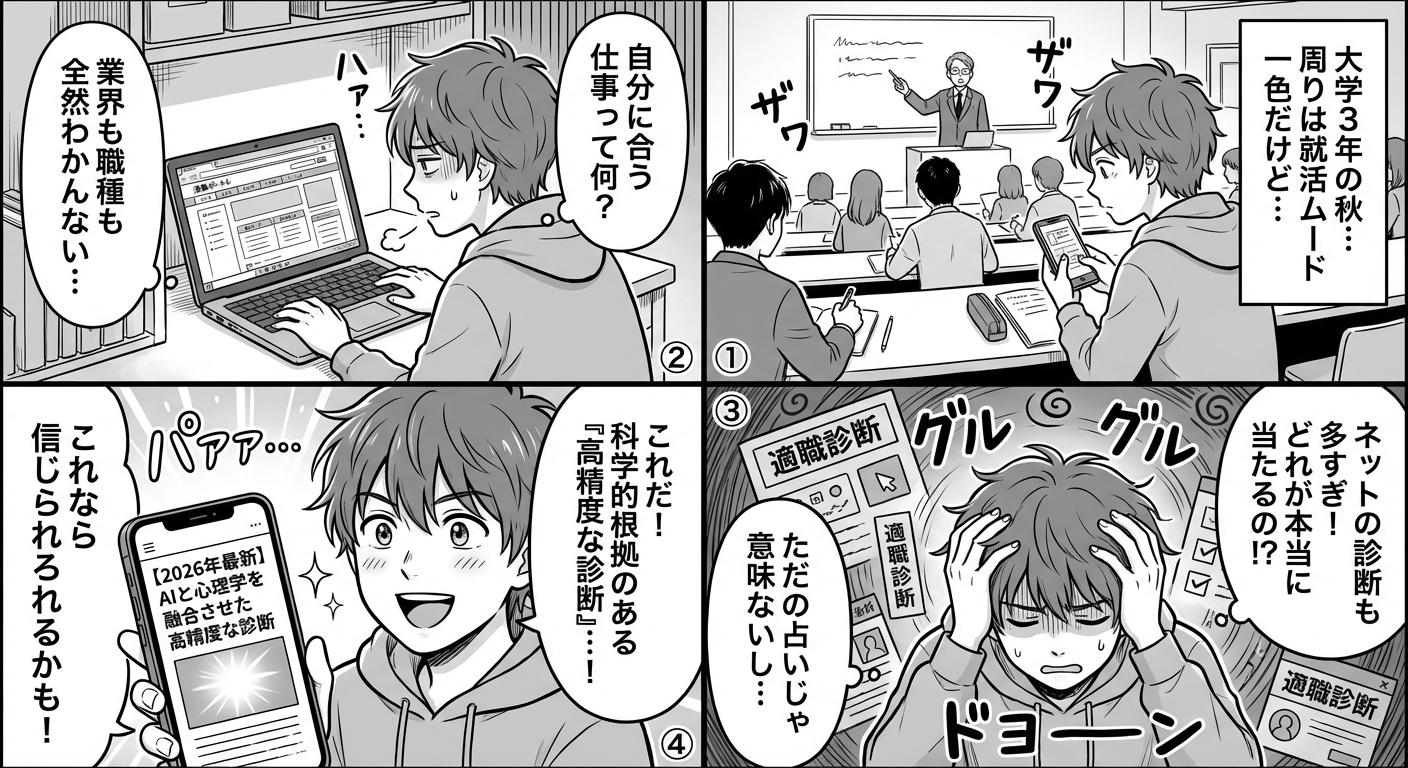 【2026年最新版】本当に当たる適職診断12選｜転職成功者が選ぶ精度の高い無料・有料ツール徹底比較 マンガ解説