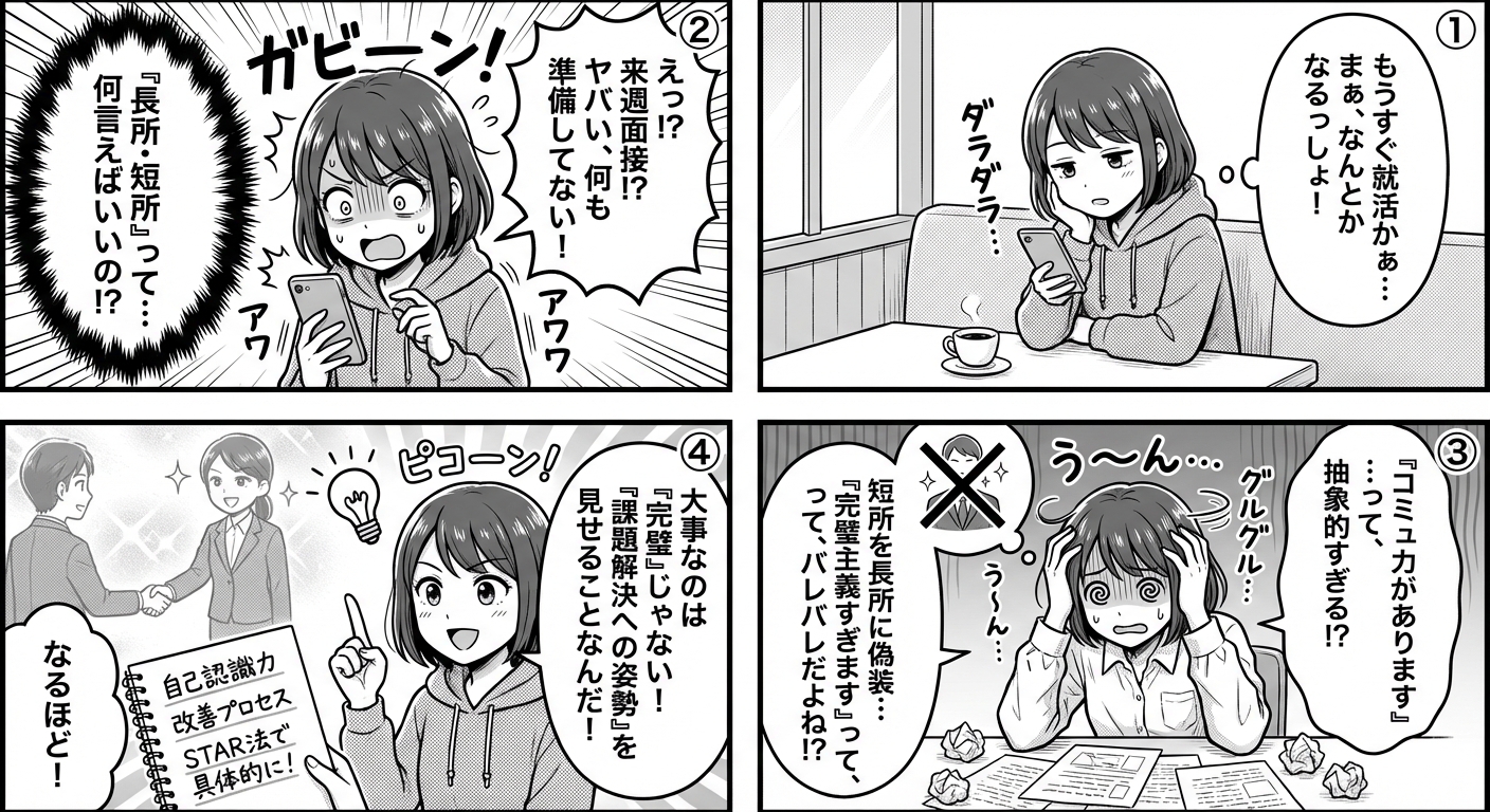 【2026年最新版】面接で使える長所・短所一覧200選|言い換え例文と企業が評価する伝え方完全ガイド マンガ解説