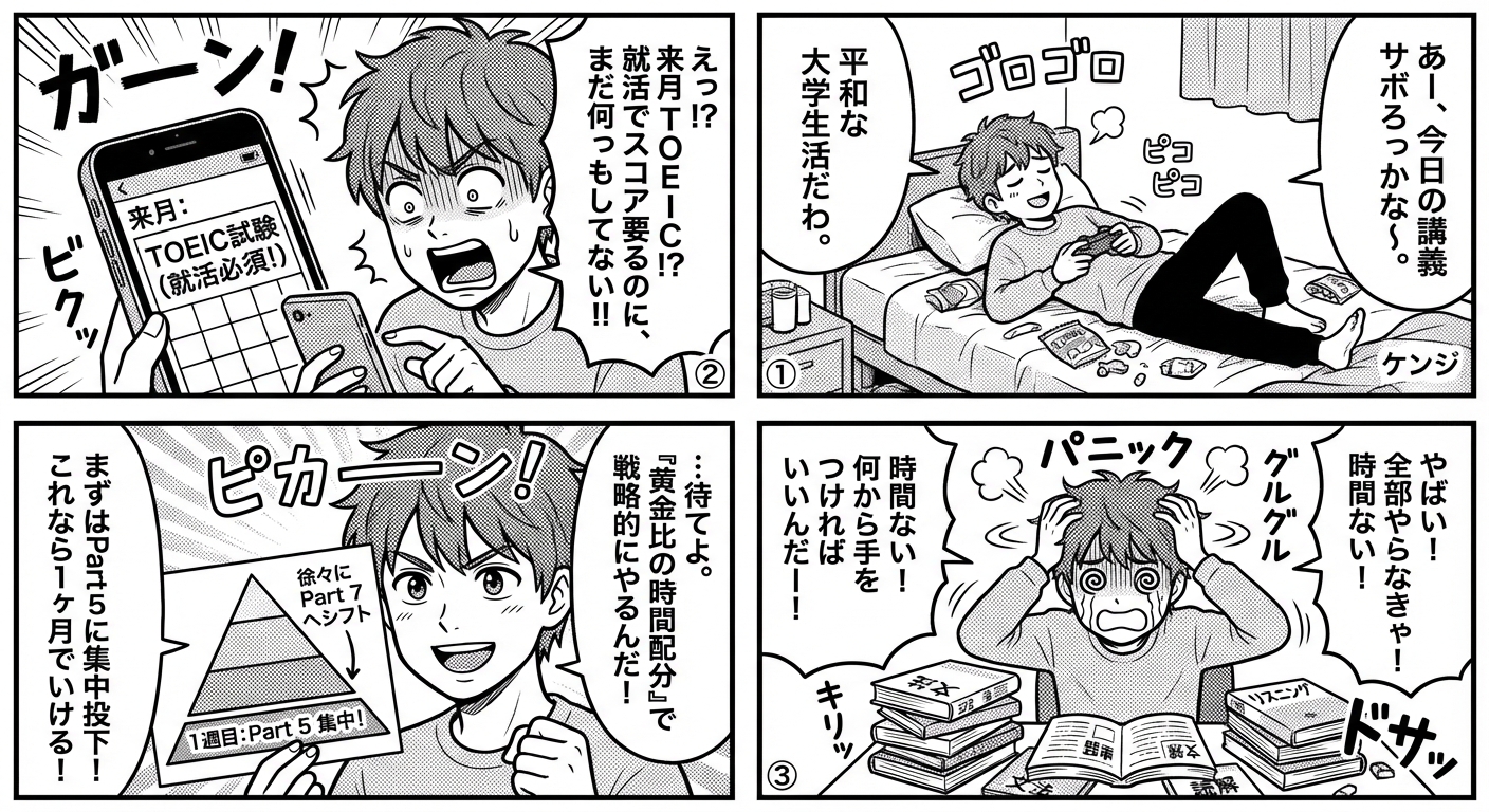 TOEIC初心者でも1ヶ月で200点アップ!短期集中で結果を出す効率的勉強法とスコア別攻略のコツ マンガ解説