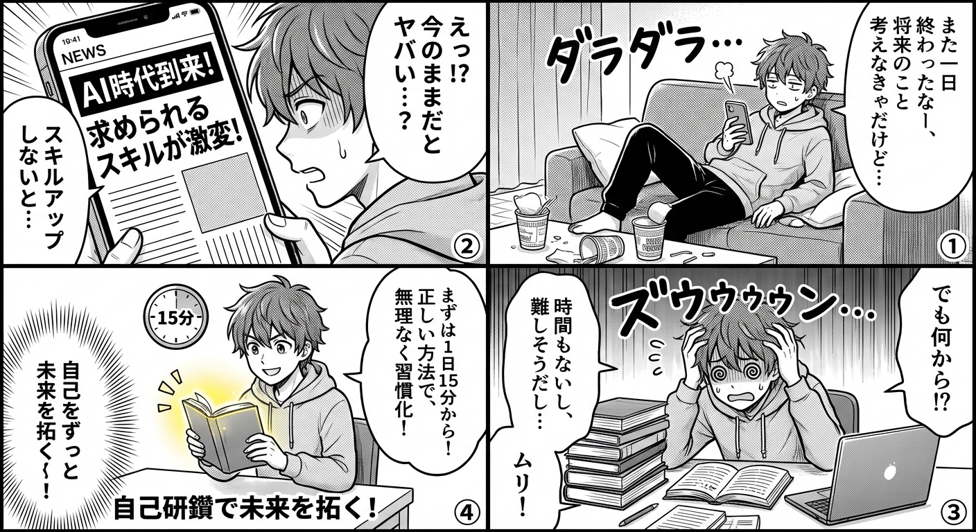 自己研鑽におすすめの方法15選【2026年版】社会人が実践すべきスキルアップ術 マンガ解説