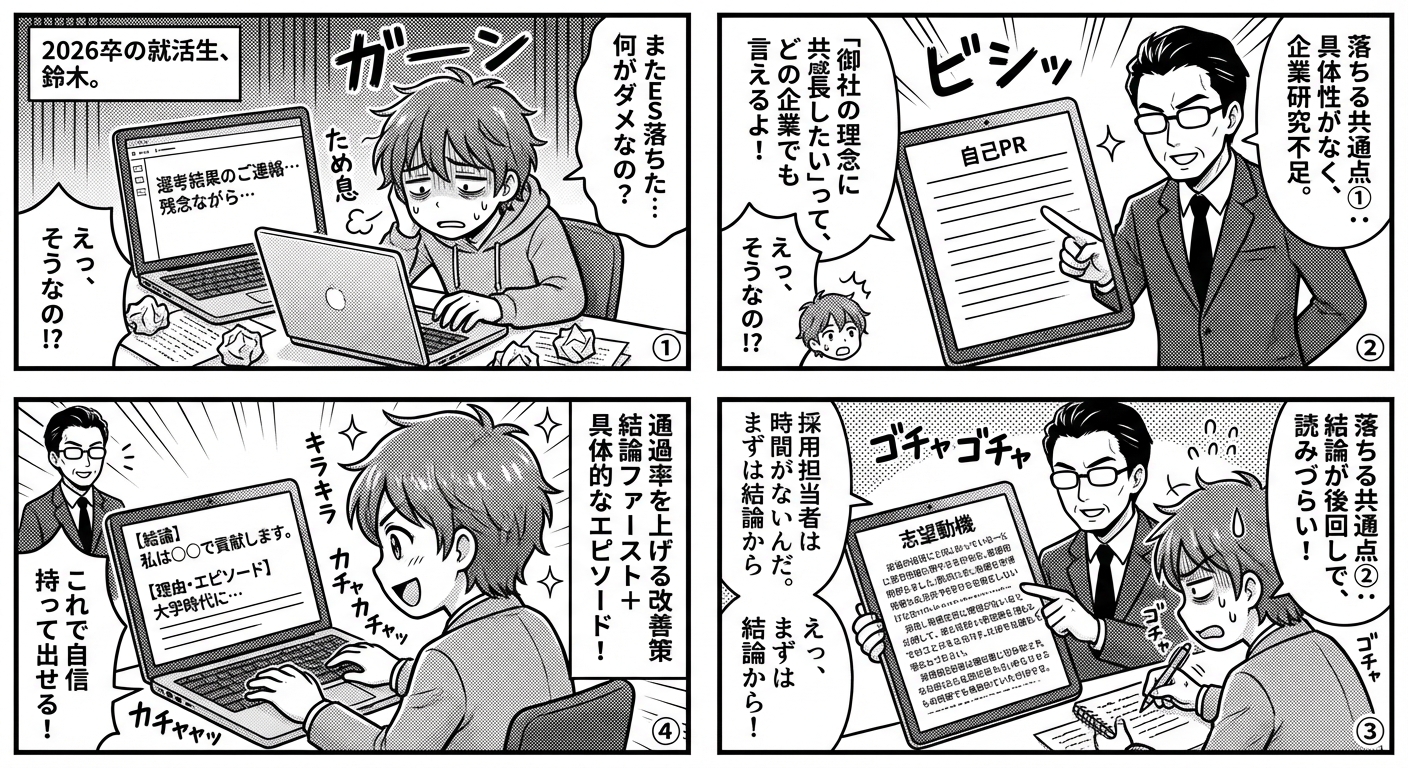 2026年卒必見!ES選考で落ちる人の共通点と通過率を上げる改善策