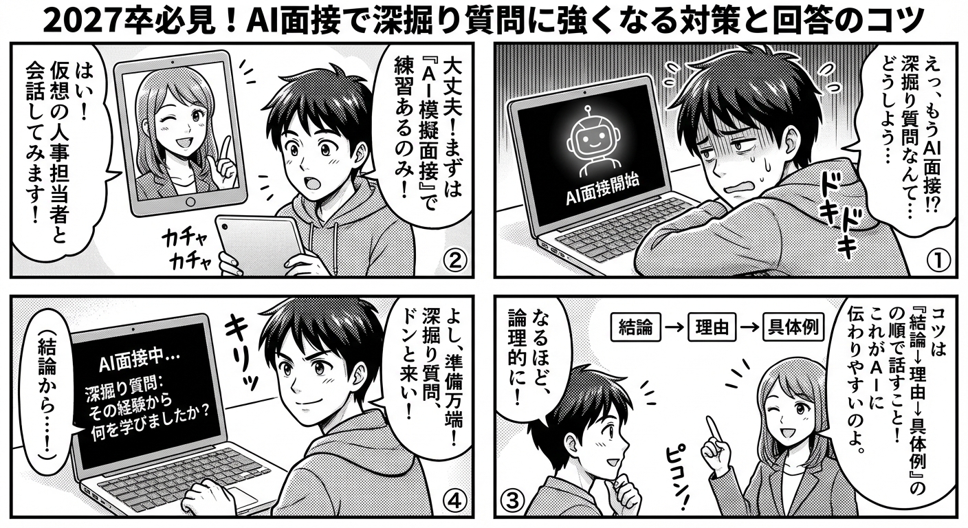 2027卒必見！AI面接で深掘り質問に強くなる対策と回答のコツ