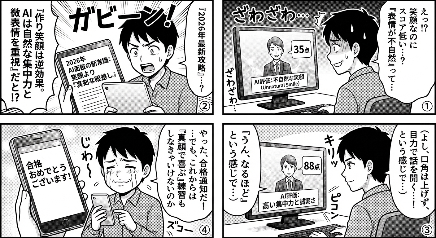 AI面接で笑顔は逆効果？2026年最新の合格率を上げる表情戦略