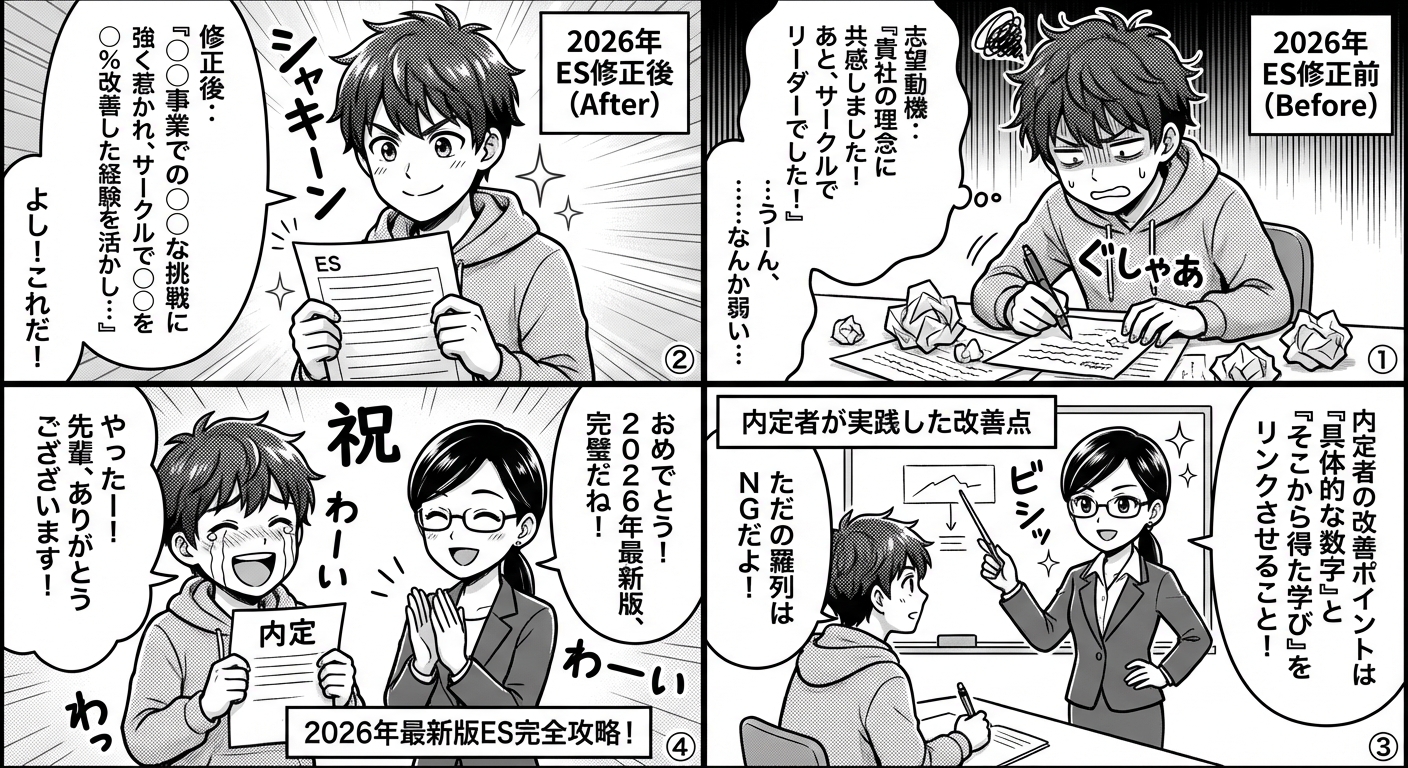 2026年最新版|ES修正の正しい前後比較と内定者が実践した改善ポイント