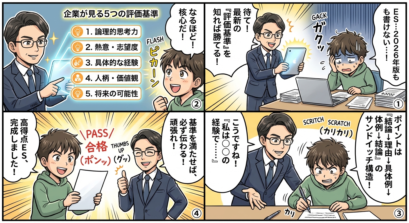 2026年最新版：ES評価で高得点を獲得する書き方のポイントと企業が見る5つの評価基準