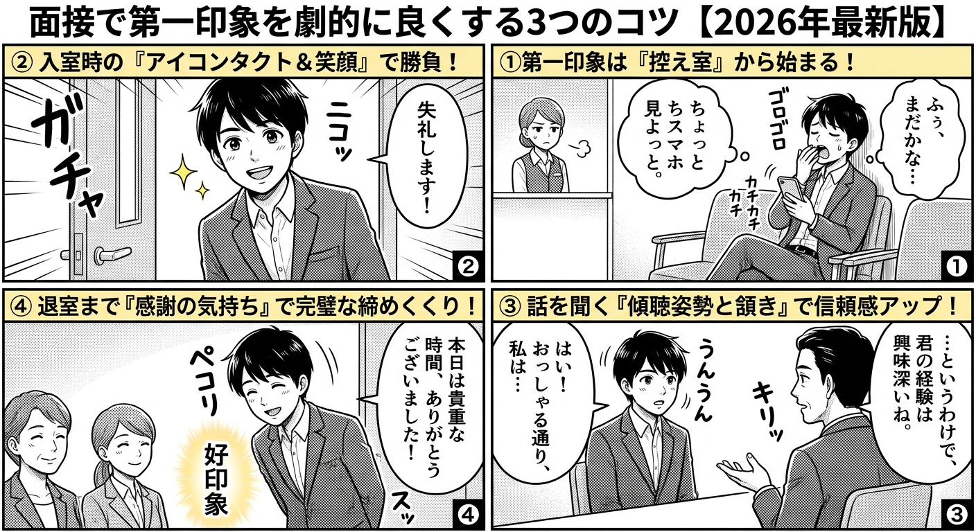 面接で第一印象を劇的に良くする3つのコツ【2026年最新版】