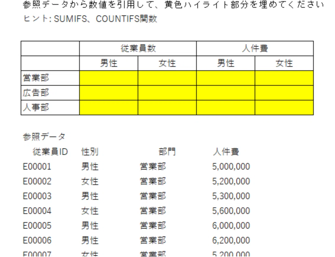 SUMIFS、COUNTIFSを活用した集計の課題例