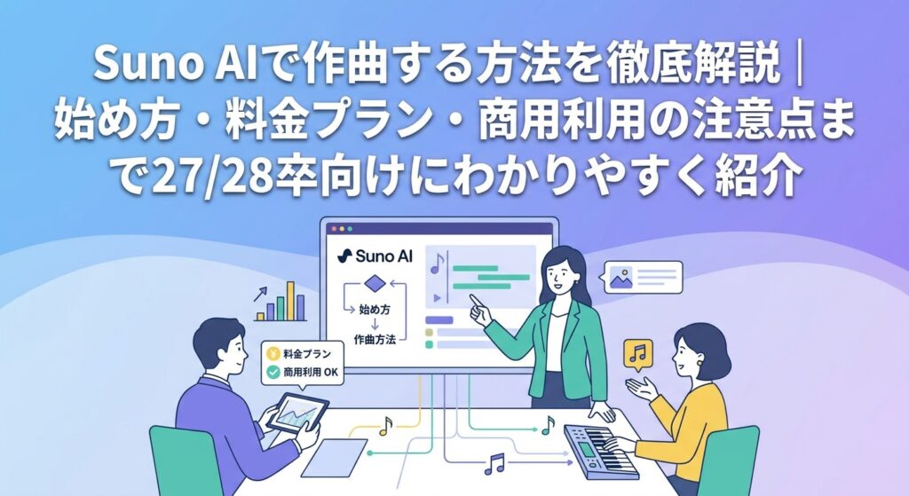 Suno AIで作曲する方法を徹底解説｜始め方・料金プラン・商用利用の注意点まで27/28卒向けにわかりやすく紹介