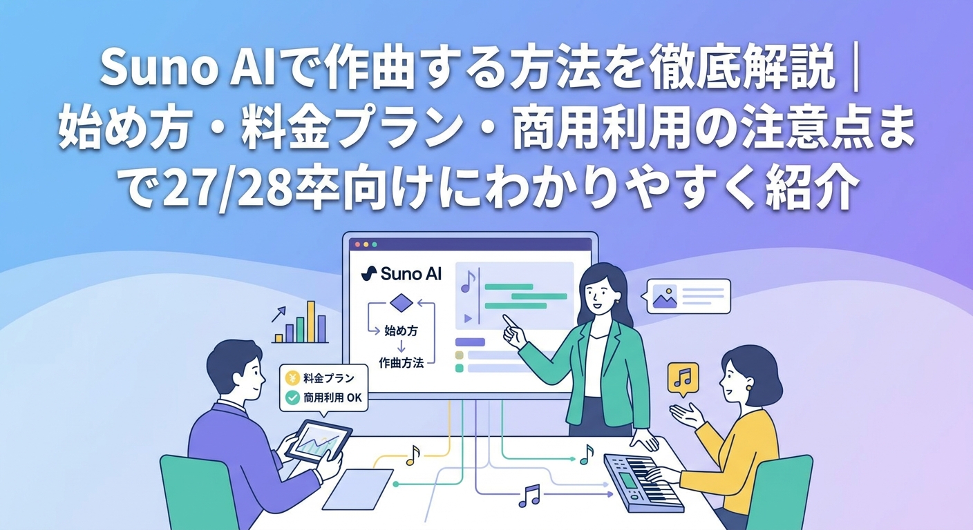 Suno AIで作曲する方法を徹底解説｜始め方・料金プラン・商用利用の注意点まで27/28卒向けにわかりやすく紹介
