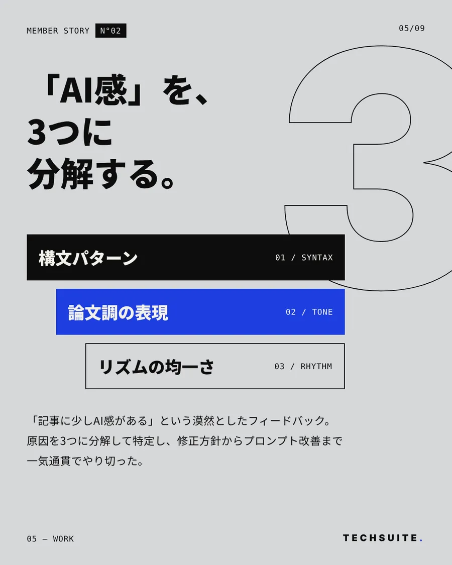 WORK：「AI感」を、3つに分解する。構文パターン・論文調の表現・リズムの均一さ